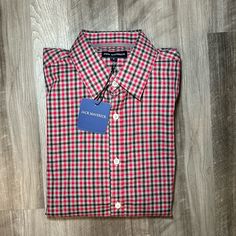 Item Is Nwt. Color Is Pinkish Red, Gray And Charcoal. Material Is Cotton (100%). Size Is A Men's Medium. Pit Measurement - 22” Total Length - 30" Np536 Fitted Red Button-up Dress Shirt, Red Casual Dress Shirt With Button Closure, Red Casual Dress Shirt With Spread Collar, Casual Red Dress Shirt With Button Closure, Casual Red Dress Shirt With Spread Collar, Casual Red Dress Shirt For Work, Red Cotton Tops For Business Casual, Red Collared Dress Shirt With Button Closure, Red Tops With Button Closure And Spread Collar