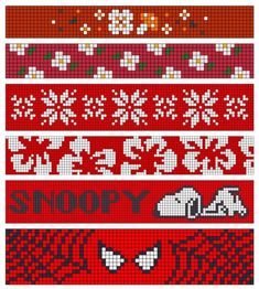 the cross stitch pattern is red, white and black with snowflakes on it