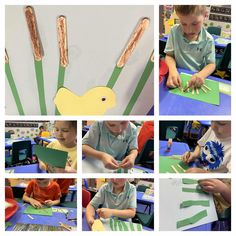 several pictures of children making crafts with paper and construction materials in the shape of birds