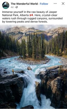 a man standing on top of a waterfall next to a forest filled with pine trees