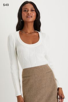 You'll be set for cooler mornings when you've got the Lulus Comfy Charisma Ivory Scoop Neck Pullover Sweater to rely on! Soft and stretchy ribbed knit boasts a subtle, geometric-inspired pattern as it shapes long fitted sleeves and a flattering scoop neckline with ribbed trim, all atop a figure-hugging bodice. Slightly cropped hem. Fit: This garment fits true to size. Length: Size medium measures 20" from shoulder to hem. Bust: Great for any cup size. Waist: Fitted - stretchy fabric allows custom fit. Undergarments: May be worn with any standard bra. Fabric: Fabric is very stretchy. Unlined. 50% Rayon, 28% Polyester, 22% Nylon. Hand Wash Cold. Do Not Bleach. Line Dry. Iron Low Heat. Imported. Lulus | Comfy Charisma Ivory Scoop Neck Pullover Sweater. Smart Casual Style, Lulu Fashion, Tweed Mini Skirt, Herringbone Tweed, Work Wear Women, Business Casual Outfits, Ribbed Sweater, Preppy Outfits, Cozy Sweaters