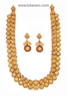 22 Karat Gold "Lakshmi Kasu - Mango - Peacock" Long Necklace & Drop Earrings Set with Beads (Temple Jewellery) - 235-GS3645 - in 111.950 Grams for USD $9539.74. 
Made in India by Totaram Jewelers Online this product is in Gold - 22 Karat BIS Hallmark 916 KDM Gold  & is an excellent gift for Adult - Women. Ships fully insured with secured guaranteed delivery for free with your order over $250 from New Jersey USA & comes with 30 days exchange policy. Peacock Necklace, 22k Gold Jewelry, Gold Jewelry Indian, Temple Jewellery, Online Jewelry Store, Screw Back Earrings, Selling Jewelry, 22k Gold, Earrings Set