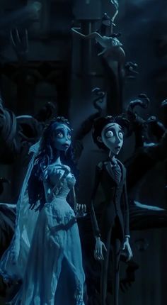 the corpse bride and groom are standing in front of an evil looking man with long hair