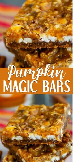 pumpkin magic bars stacked on top of each other with the words pumpkin magic bars above them