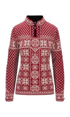 a women's red and white sweater with snowflakes on the front, long sleeves