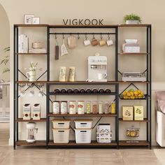 a shelf filled with lots of different types of food and drinks on top of it