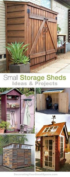 small storage sheds in various stages of construction and design, including the shed with its doors open