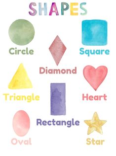 watercolor shapes and their names are shown in this printable art project for kids