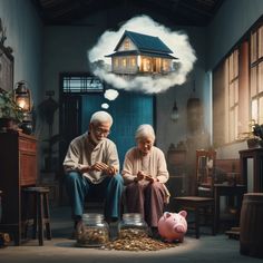 an elderly couple sitting on the floor in front of a house with a cloud above them