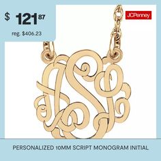 Your initials or the ones of someone you love can be displayed in this script monogram necklace.Closure: Spring-ringPendant Size: 10mmPersonalize: Must be 3 initials. Initials will appear exactly in the order entered; center initial will be enlarged.Features: Monogrammable, Personalized, InitialsMetal Color: RoseChain Length: 18 InchChain Width: 1.25 MillimetersChain Construction: RopeMetal: 24k Gold Over Silver, 14k Rose Gold Over SilverNecklace Type: Pendant NecklacesAssembled in the US from … Monogram Initial Pendant Name Necklace As Gift, Personalized Monogram Initial Pendant Necklace, Everyday Monogram Name Necklace With Initial Pendant, Rose Gold Monogram Initial Pendant Jewelry, Personalized Gold-tone Initial Pendant Necklace, Script Monogram, Initial Pendant Necklace, Initial Pendant, Love Can