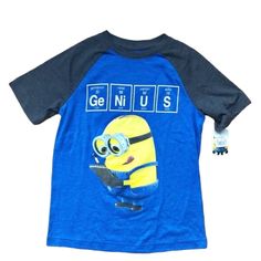 Minions Illumination Entertainment Genius Short Sleeve T-Shirt. Despicable Me Minion Made Royal Blue Heather And Charcoal Grey Nwt Boys Small (8) Blue School Tops With Character Print, Blue Character Print Tops For School, Blue Character Print School Tops, Minion Shirts, Illumination Entertainment, Despicable Me, Big Boys, Blue Shirt, Blue Gray