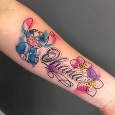 a person with a tattoo on their arm that has the words stitch and stitch painted on it