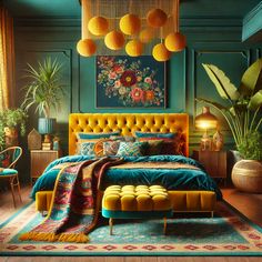 a bedroom with green walls and blue carpeted flooring, an upholstered yellow bed