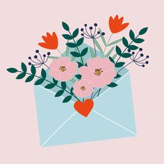 an envelope with flowers in it and a heart on the inside is shown against a pink background