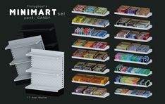 the minimart set is filled with candy bars and candies, all in different colors