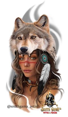 a woman wearing a wolf headdress with feathers on her head and the words south ga