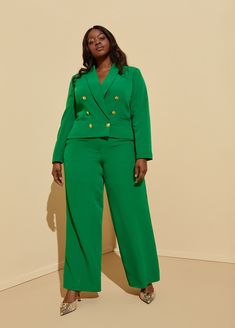 Bold Baddie should be added to your business cards because that's exactly who you are in our emerald-colored wide-leg trousers! Cropped Blazer, Line Store, Professional Attire, Double Breasted Blazer, Bold Fashion, Wide Leg Trousers, High Waisted Pants, Online Store, Double Breasted