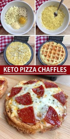 four photos showing different types of pizzas and waffles