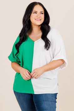 Chic Soul plus size clothing, kelly green/off white short sleeve tshirt split down the middle with v neckline Trendy Green Top With Contrast Color, Trendy White Top With Contrast Color, Trendy White Tops With Contrast Color, Chic White Color Block Blouse, Green Summer Top With Contrast Color, Trendy Kelly Green Tops For Spring, Trendy Spring Tops With Color Matching, White Color Block Top For Summer, White Color Block Tops For Spring