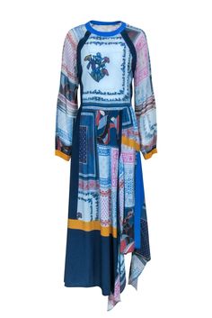 Current Boutique-BCBG Max Azria - Blue Silk Multi Print Maxi Dress w/ Hi-Low Hem Sz XXS Mixed Patterns, Printed Scarf, Bcbg Max Azria, French Fashion Designers, Max Azria, Blue Silk, Pattern Mixing, Printed Maxi, French Fashion