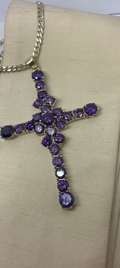 "Vintage magnificent amethyst cross pendant set in solid silver. A real statement piece. Set with quality amethyst's. Unusual and a wow! Please look carefully the photographs as we have taken care to capture any quirks or \"imperfections\" - all our items are commensurate with the age. Vintage and antique jewellery is unlikely to be absolutely perfect, but that's why it's so charming!  Our beautiful silver, gold and platinum rings can be resized for an additional cost - please see our \"Ring Res Platinum Rings, Platinum Ring, Antique Jewellery, Pendant Set, Jewelry Bags, Cross Pendant, Silver Gold, Jewelry Necklace Pendant, Platinum