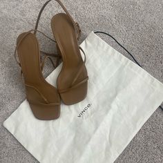 Worn Once To A Wedding. Super Stylish! Retails For $330 Brand New Leather Sandals With Sculpted Heel For Wedding, Elegant Square Toe Heels With Heel Loop, Square Toe Heels With Heel Strap For Wedding, Designer Wedding Heels With Sculpted Heel, Designer Wedding Heels With Padded Heel, Tan Open Toe Heels, Brown T-strap Sandals With Heel Loop, Women's Shoes Sandals, A Wedding