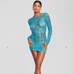 Literally The Most Beautiful Item I've Ever Owned Fitted Mini Crochet Dress For Party, Fitted Crochet Dress For Spring Party, Party Crochet Dress With Long Sleeves, Spring Party Crochet Mini Dress, Blue Fitted Crochet Mini Dress, Fitted Blue Crochet Mini Dress, Beach Debut, Sequin Crochet, Australia Clothes