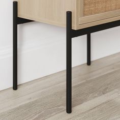 a close up of a drawer on a wooden floor with white walls and wood floors