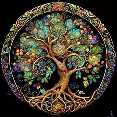 the tree of life has many colorful leaves on it's branches and is surrounded by an intricately designed circle