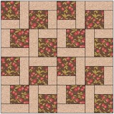 the pattern is made up of brown and red squares with green leaves on each side