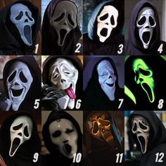 many different types of masks with faces painted on them and numbers in the upper left corner