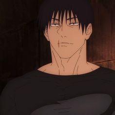 an anime man with black hair and eyes staring at the camera while standing in front of a wooden wall