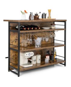 a wooden shelf with wine glasses and bottles on it's sides, next to an espresso machine