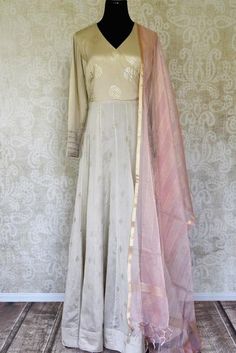 502072 Beige Badla Work Silk Floorlength Anarkali Suit with Pink Dupatta Suit With Pink Dupatta, Anarkali Suits Simple, Designer Indian Dresses, Indian Dresses Anarkali, Badla Work, Anarkali Suits Designer, Suit With Dupatta, Pink Dupatta, Designer Anarkali Suits