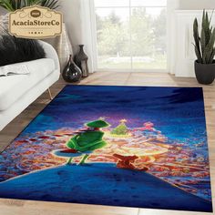 a living room area rug with a green bird on the floor