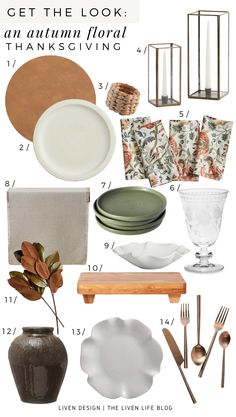 an autumn table setting with white plates, silverware and napkins