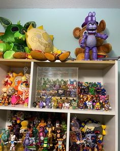 a shelf filled with lots of different kinds of toys