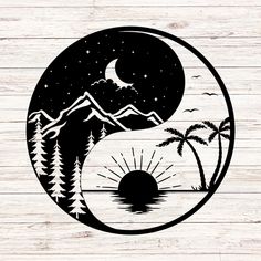 a black and white image of the sun, mountains, and trees in a circle