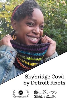 a woman wearing a colorful cowl with text overlay that reads skyridge cowl by detroit knotts