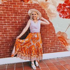 WickedAF Orange Boho Style Vintage Skirt Flowy Orange Maxi Skirt With Elastic Waistband, Orange Bohemian Relaxed Skirt, Relaxed Orange Maxi Skirt, Bohemian Orange Floral Print Skirt, Orange V-neck Boho Print Maxi Dress, Vintage Skirt, Boho Fashion, Floral Prints, Orange