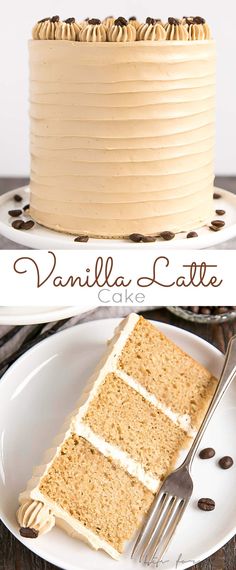 vanilla layer cake on a white plate with a knife and fork next to the cake