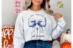 Toile De Jouy Coquette Bow Sweatshirt, Not Perfect Just Forgiven Bow Sweatshirt, Blue Blue Ribbon Sweatshirt, Aesthetic Christian Sweatshirt Hello! First of all thank you for being here and checking out our finest t-shirt designs. In order to provide you best service, we are using the quality materials and beautiful designs. You can always contact us. HOW TO ORDER T-SHIRT * Select your t-shirt color * Select your size * Select your design text color * Click Add to Chart *And wait until the deliv Blue Long Sleeve Top For Gift, Blue Long Sleeve Top As Gift, Blue Long Sleeve Top As A Gift, Blue Long Sleeve T-shirt For Gift, Blue Long Sleeve T-shirt As Gift, Blue Casual Sweatshirt For Gift, Blue Casual Sweatshirt As Gift, Casual Blue Sweatshirt For Gift, Not Perfect Just Forgiven