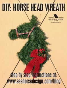 the horse head wreath is made out of fake grass and tied with red ribbon on it