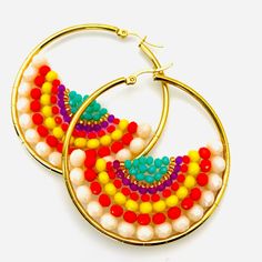 Gorgeous Teals, Purples, Yellows, And Oranges Make These Beaded Statement Earrings A Work Of Art! 2.3 Inches Boho Style Vintage Gold New Gift With Purchase Multicolor Round Earrings For Summer, Colorful Beaded Round Hoop Earrings, Colorful Beaded Hoop Earrings For Summer, Summer Hoop Earrings With Colorful Beads, Multicolor Circular Hoop Earrings For Festivals, Orange Small Hoop Earrings For Summer, Summer Colorful Beaded Round Hoop Earrings, Gold Hoop Earrings With Colorful Beads For Beach, Multicolor Gold Beaded Summer Jewelry