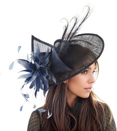 Navy Dark Blue Kentucky Derby Hats Wedding Ascot Fascinator Statement Hatinator Womens Headpiece Headband Church Cocktail Tea Headwear Navy Blue Adonis Sinamay & Feather Disc Fascinator Hat Navy sinamay swirls trimmed with a mass of feathers and curled burnt feathers on a large sinamay base The hat base measures about 12 inches wide This navy blue fascinator is mounted with matching headband If you prefer a headband to match your hair, please make a note at check out what colour headband you wan Blue Short Brim Fascinator For Wedding, Royal Blue Fitted Fascinator Hat, Blue Mini Hat With Short Brim For Wedding, Blue Brimmed Fascinator For Church, Blue Short Brim Fascinator For Church, Elegant Blue Costume Hats And Headpieces For Races, Elegant Blue Costume Hat For Races, Elegant Blue Short Brim Headpiece, Elegant Blue Headpiece With Short Brim