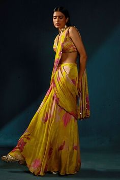 Yellow pre-draped saree featuring floral print and embellished with tikki stones. Paired with a stripe print blouse featuring square sequin embellishment. - Aza Fashions Elegant Summer Floral Print Pre-draped Saree, Elegant Yellow Embellished Pre-draped Saree, Green Floral Print Pre-draped Saree For Festivals, Multicolor Digital Print Pre-draped Saree, Multicolor Floral Print Pre-draped Saree, Basil Leaf, Draped Saree, Sequin Embellishment, Drape Saree