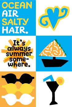 an advertisement for the ocean air salty hair festival, with different types of items on it