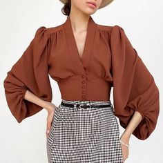 Lantern Sleeve Top, Long Sleeve Fitted Dress, Slim Fit Dress Shirts, Retro Mode, Elegant Blouses, Slim Fit Dresses, Loose Blouse, Crop Top Blouse, 가을 패션