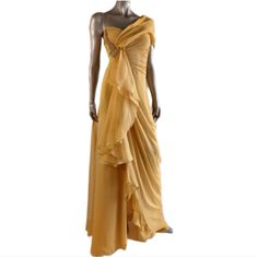 $7,000 J. Mendel Marigold Yellow Silk Chiffon Ruffle Runway Gown Dress 6 Gorgeous!! Most Beautiful Marigold Yellow Long Evening Silk Ruffle Gown Dress Size 6 M From Famous J. Mendel J. Mendel Give Us Pure Style And Elegance With This Stunning Silk Chiffon Ruffle Drape Maxi Gown Dress New Without Tag Condition/Look New Size Us 6 Please Go By Measurement: ***** 35-35" Bust 29" Waist 39" Hips 66" Length From Top Of Bust ***** Retail Est $7,000 Fabrication: Silk Origin: Usa Guaranteed To Be 100% Aut Yellow Silk Floor-length Evening Dress, Yellow Silk Formal Gown, Pre-draped Gold Dress For Formal Occasions, Yellow Wedding Gown With Ruffles, Fitted Yellow Silk Gown, Elegant Yellow Dress With Ruched Bodice, Luxury Yellow Silk Dresses, Yellow Silk Floor-length Gown, Yellow Floor-length Silk Gown