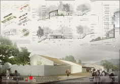 an architectural rendering of a building with people walking around it and trees in the background